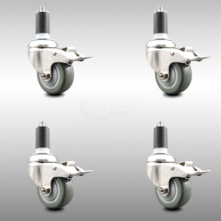 Service Caster 3.5 Inch 316SS Gray Poly Swivel 1-1/4 Inch Expanding Stem Caster Set Lock Brake SCC-SS316TTLEX20S3514-PPUB-114-4